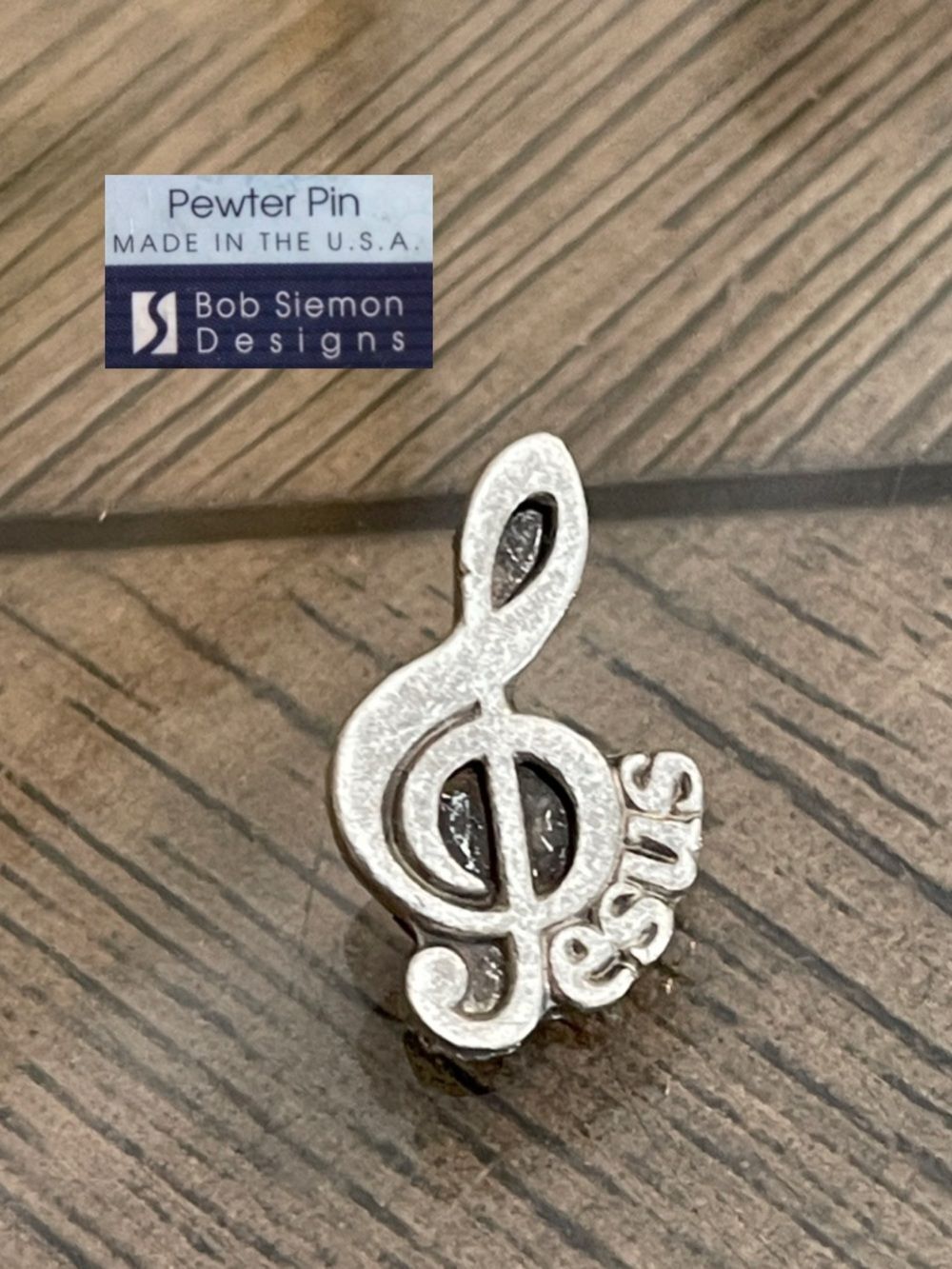 Vintage Pewter Treble Clef "Jesus" Music Lapel Pin Bob Siemon Designs Tie Tac